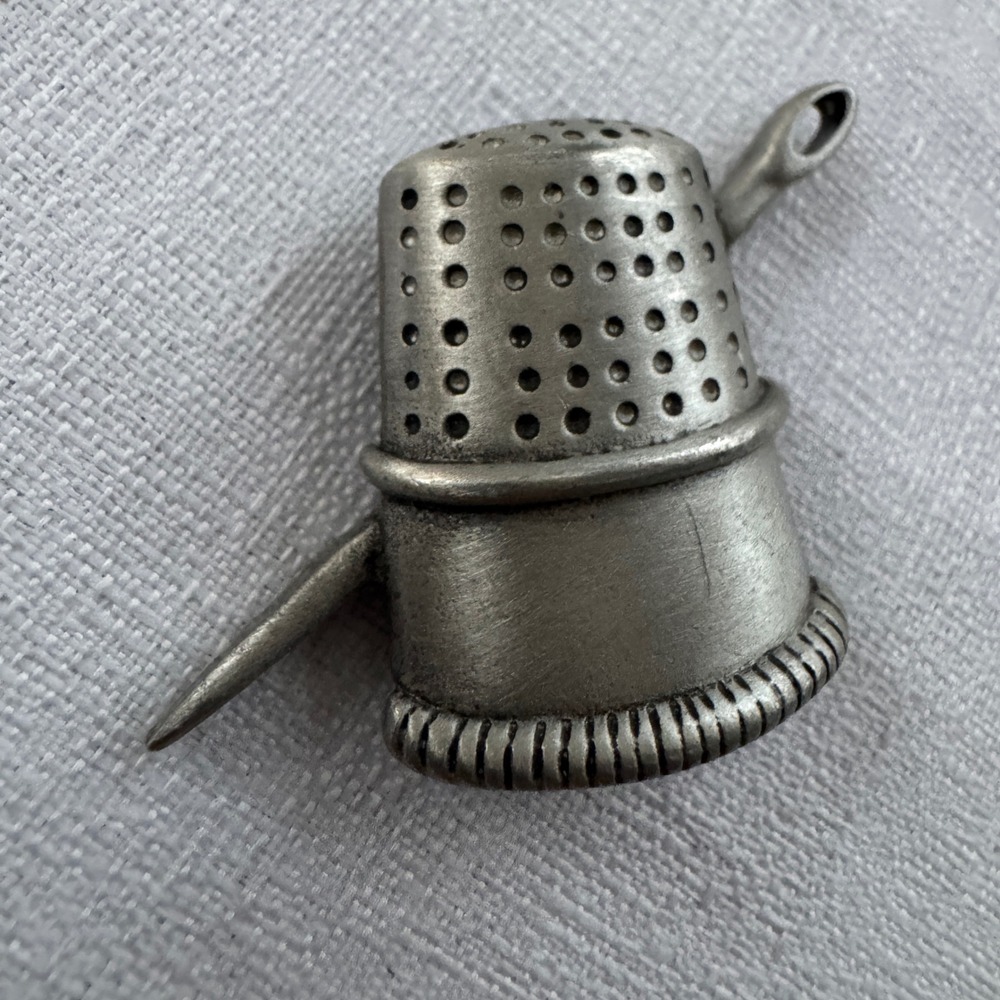 Vintage JJ Brooch Pin Silver Tone Thimble Needle Sewing Seamstress Quilting Y2K